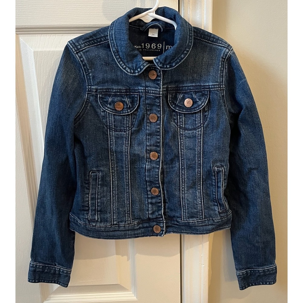 Gap Kids 1969 Girls Denim Jacket Dark‎ Wash Blue Size M 8 Button Up 527882-00